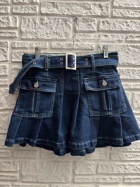 American Bazi Y2K Denim Pleated Cargo Mini Skirt Belted Size L